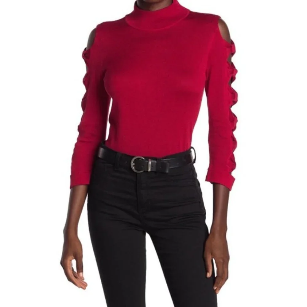 CeCe by Cynthia Steffe Bow Sleeve Crewneck Pullover Sweater in Red - Size XS - Picture 1 of 15